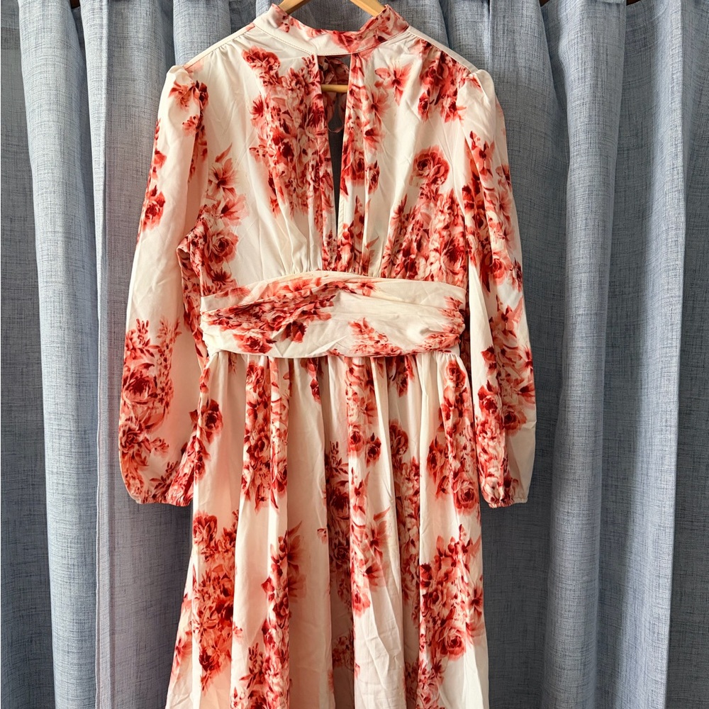 SHEIN Red and Cream Floral Long Sleeve Dress